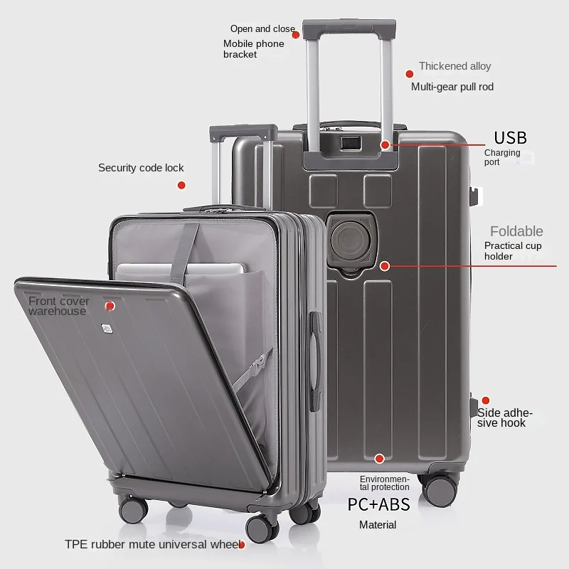 2024 New Suitcase Multifunction Front Opening Luggage with USB Cup Holder Trolley Men Women Suitcases on Wheels Travel Bags