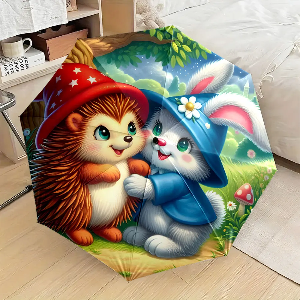 1PC Colorful Umbrella with Bunny and Hedgehog in a Forest Scene Print 8 Iron Ribs Folding Umbrella Auto-Open Fashion Sunshade