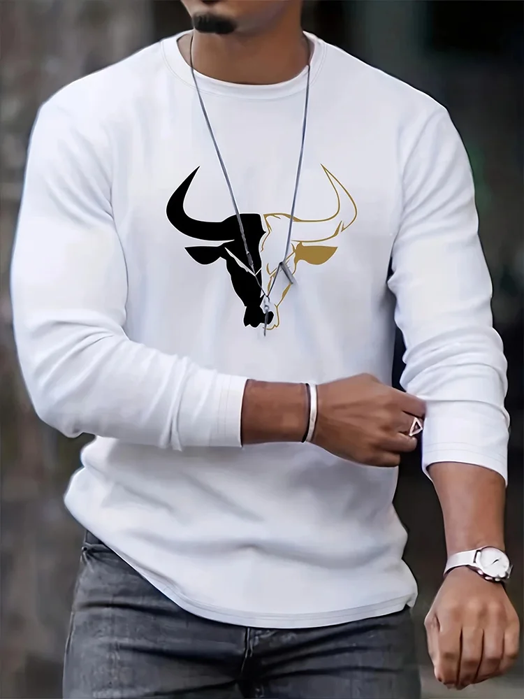 Men's White Long Sleeve T-Shirt Bull Horns Graphic Tee Geometric Abstract Streetwear Casual Pullover Tops Gift New Fashion