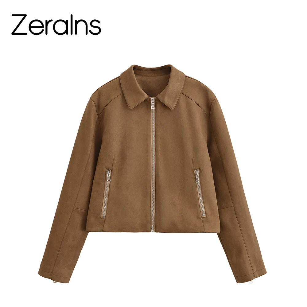 

ZERAINS Autumn new women's clothing simple casual lapel long sleeved zipper decorated leather jacket short jacket