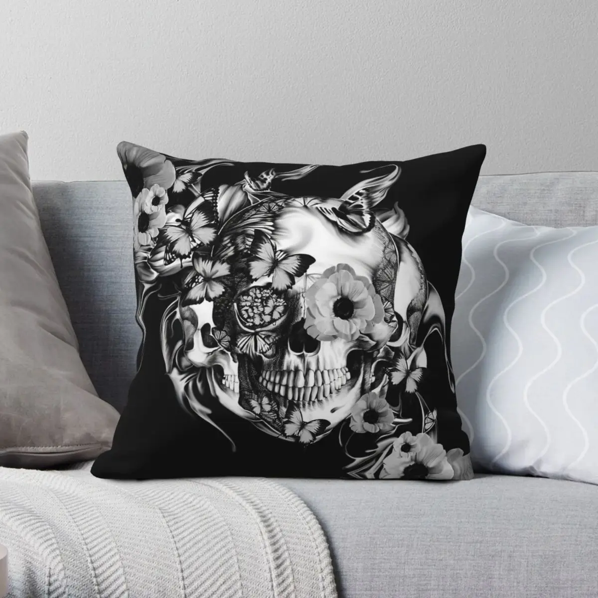 Rose Skull With Poppies Square Pillowcase Polyester Linen Velvet Pattern Zip Decor Throw Pillow Case Home Cushion Cover