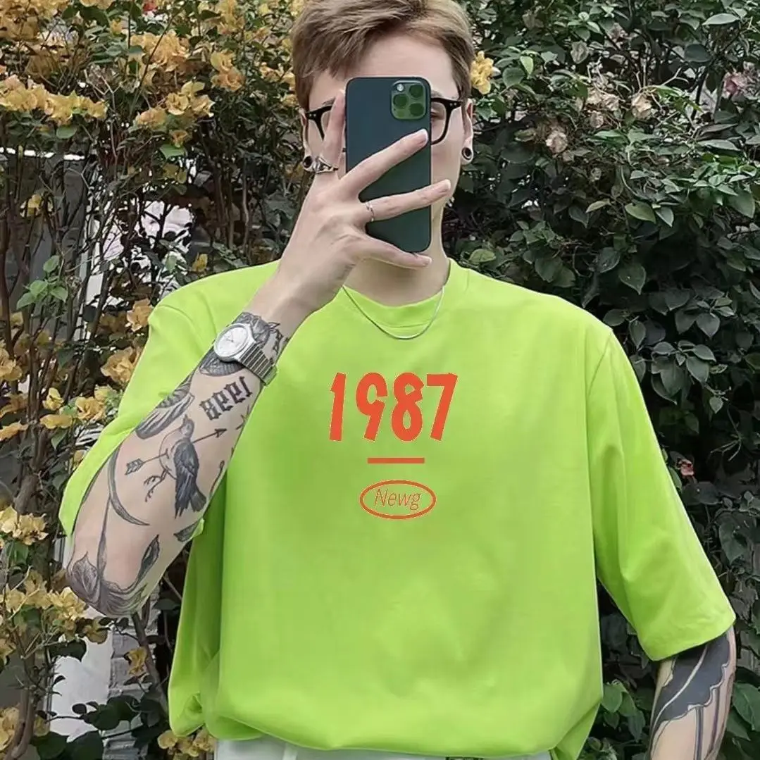

Флуоресцентная зеленая футболка унисекс из чистого хлопка с коротким рукавом, размер плюс-сайз (до 300 фунтов), летняя, с принтом номера 1987, повседневный топ