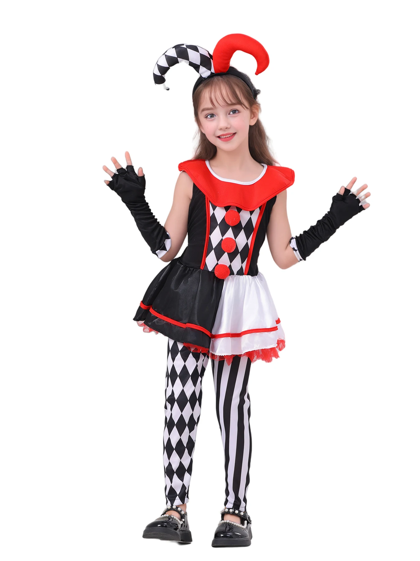 Girls Poker Pattern Jester Clown Cosplay Dress Outfit Kids Halloween Carnival Party Costume