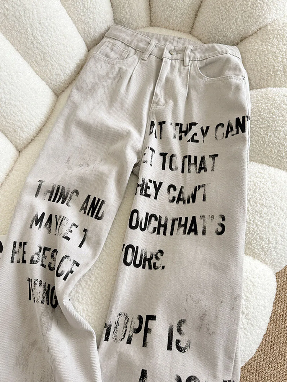 Letter Pattern Women's White Denim Pants Vintage Style Cowboy Straight Leg Pants Spice Girls Trousers Casual Style Pants
