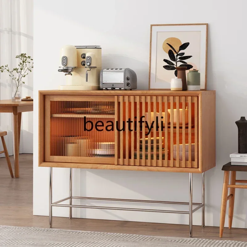 Japanese-style side cabinet solid wood Nordic living room tea, sofa, cherry wood wine, glass locker