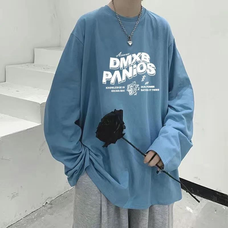 Fashion Plus Size Men's T-shirt, Spring and Autumn Classic Hong Kong Style Casual Long Sleeved Simple Western Style Loose Top