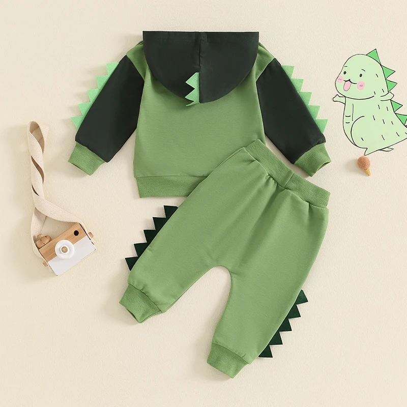 2024-05-27 Lioraitiin Toddler Boy Dinosaur Outfits, Contrast Color Long Sleeve Hoodie Elastic Waist Pants 2 Piece Set for Fall