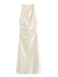XNWMNZ 2024 Women's Fashion Satin Midi Dress Women High Street O Neck twisted armholes Waist Gathered Fit female Midi Dresses