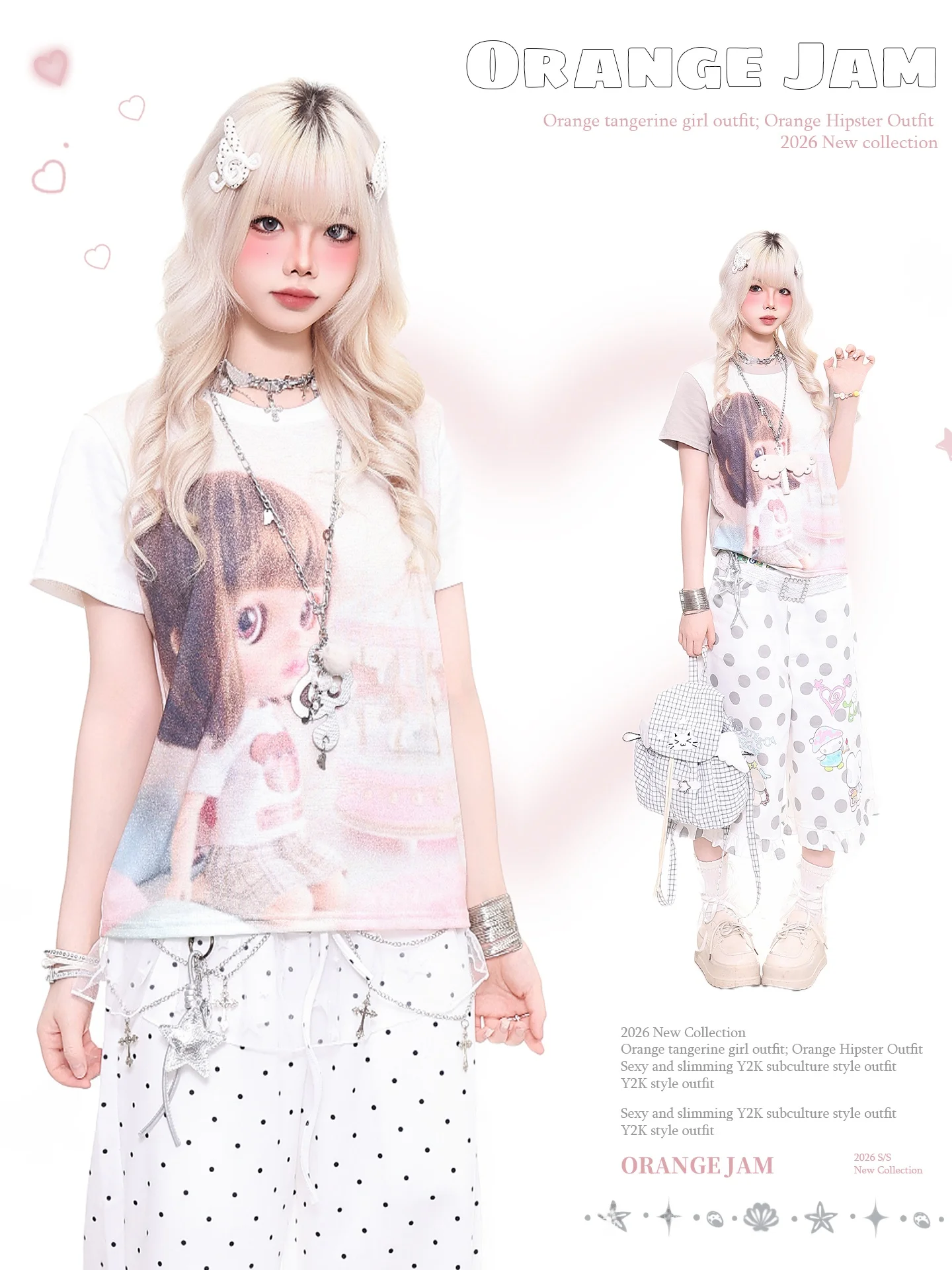 Summer Casual Orange Jelly Cartoon Doll Short Sleeve T-Shirt Women's round Neck Top Color Block Print Breathable Comfortable