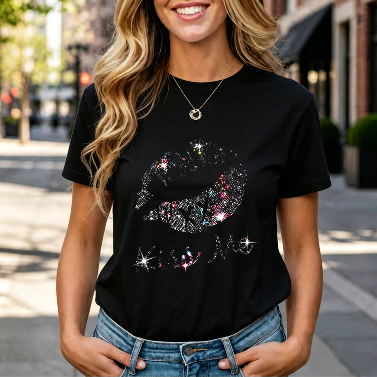 Plus Size Women Sparkly Glitter Lips Kiss Me Graphic 100% Cotton Soft Loose Crew Neck Short Sleeve T-Shirt For Night Out Party Daily Street Casual Tops