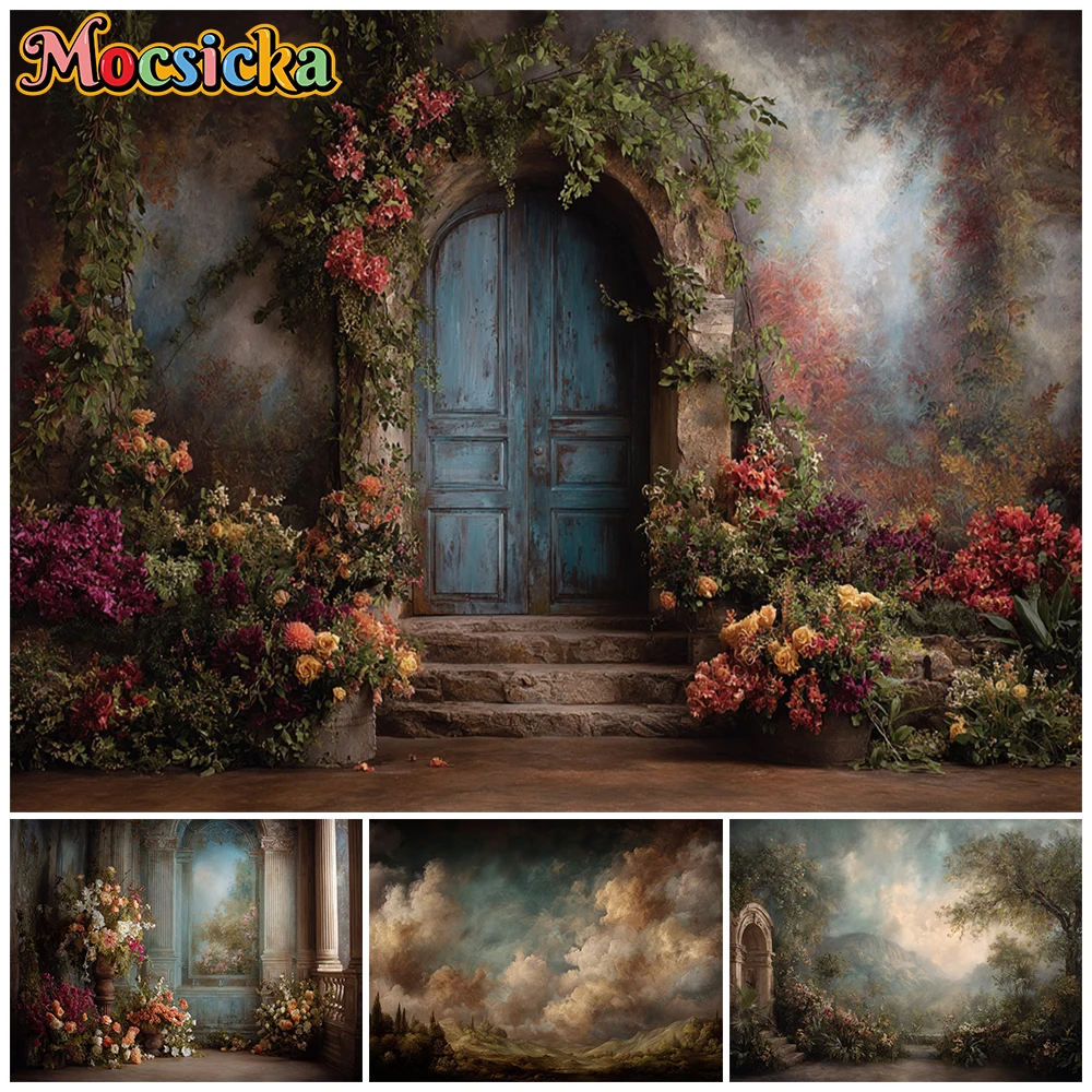 Mocsicka Rustic Floral Door Backdrop Oil Painting European Garden Photography Background Flower Retro Studio Prop Fine Art Photo