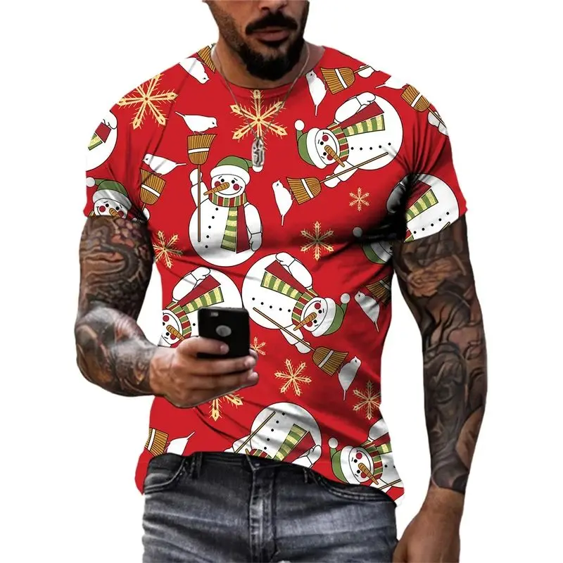 

Summer Men's New Year Line Christmas Pattern Interesting 3d Printed O-Collar Short Sleeve Loose Comfortable Breathable Top 6xl