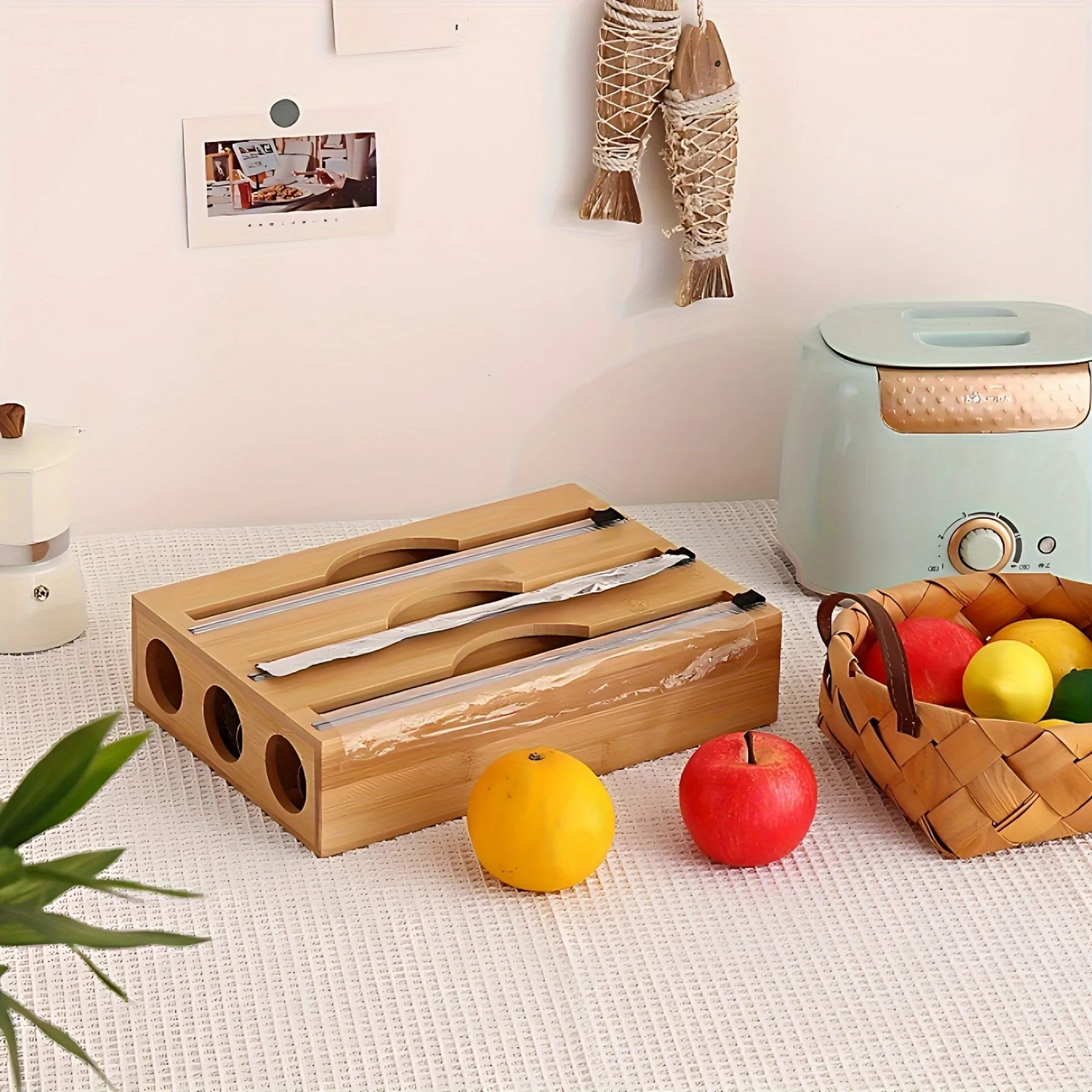 Bamboo 3 in 1 Tissue Holder, 1 Count Roll Opening Lid Tissue Storage Box, Kitchen Organizer for Foil, Plastic and Wax Paper