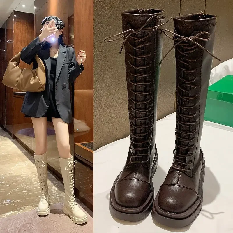 Petite Women's Knee-Length Boots 2022 Autumn Winter New Arrival Thick Sole Lace-Up Fashionable Trendy High Boots