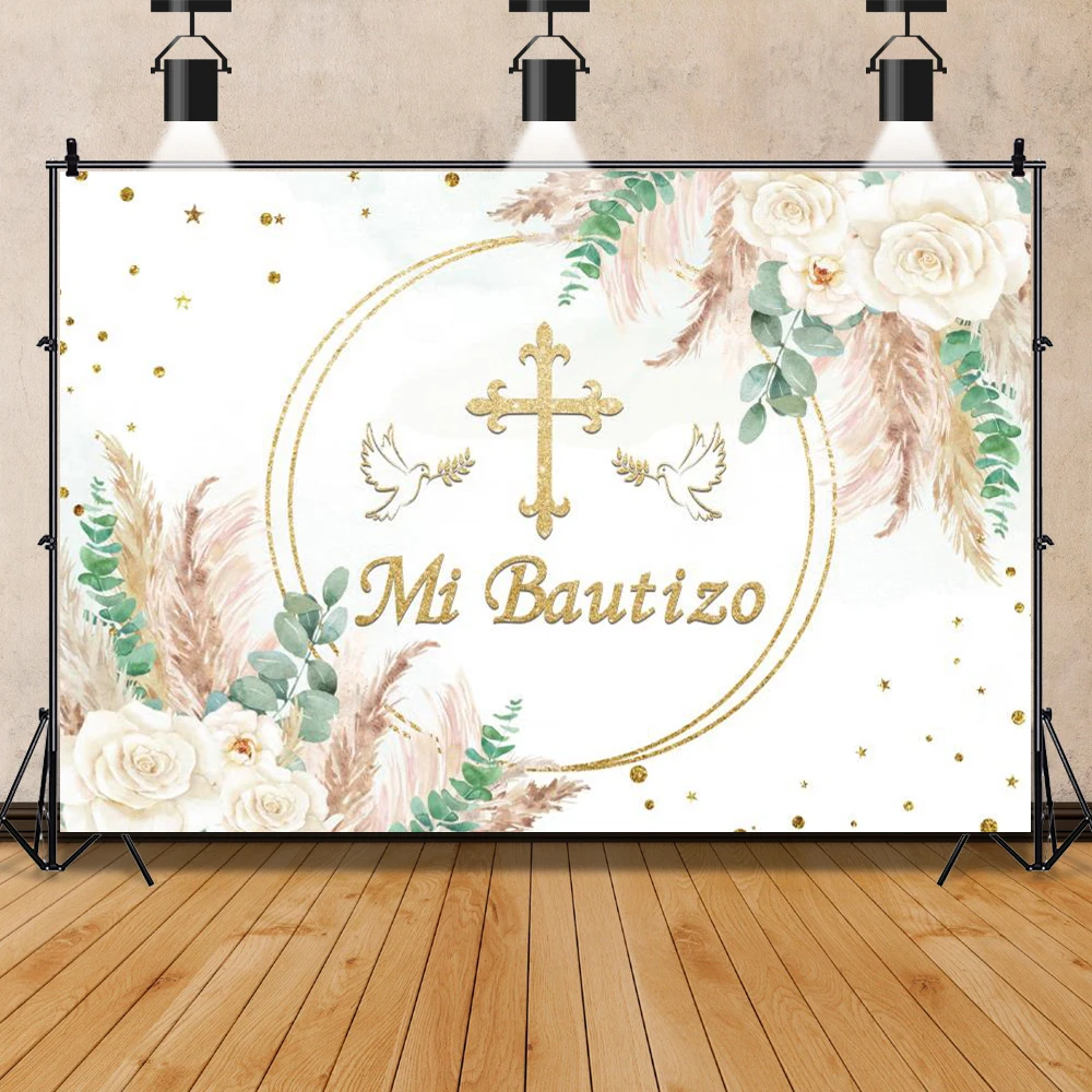 First Holy Communion Photography Backdrop Newborn Christening God Bless Gold Cross Grail Green Leaf Boy Girl Baptism Background