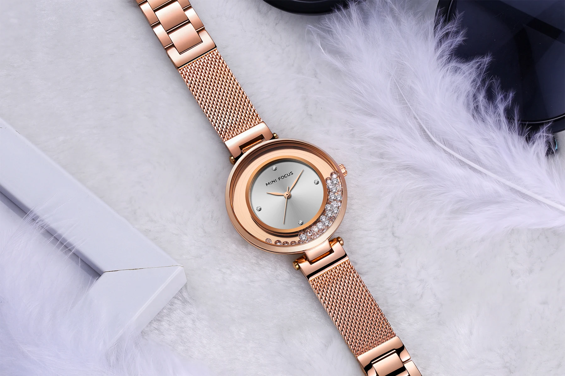 MINI FOCUS MF0254L Unique Design Diamonds Dial Watch Fashion Waterproof Mesh Stainless Steel Band Women Quartz Watches