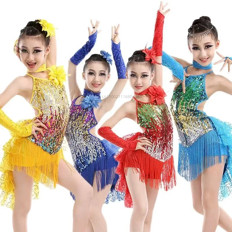 

Детское платье для латинских танцев, новый современный костюм для девочек с блестками и бахромой для танцев, фрак с бахромой в латиноамериканском стиле