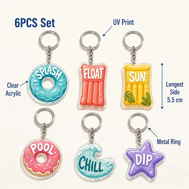 6pcs Summer Acrylic Keychain – Pool Beach Inflatable Design, Fun Bag Decoration Gift