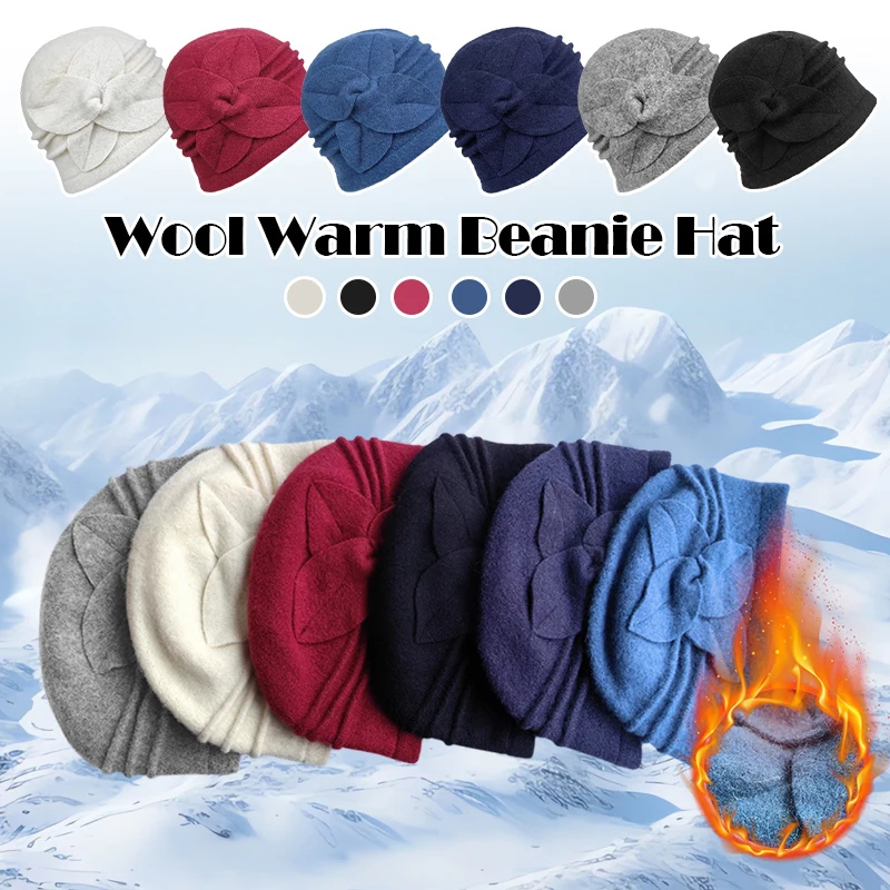 

Women Winter Knitted Wool Warm Bonnet Female Vintage Elegant Flower Beanies Classic Beret Cycling Riding Wool Hats