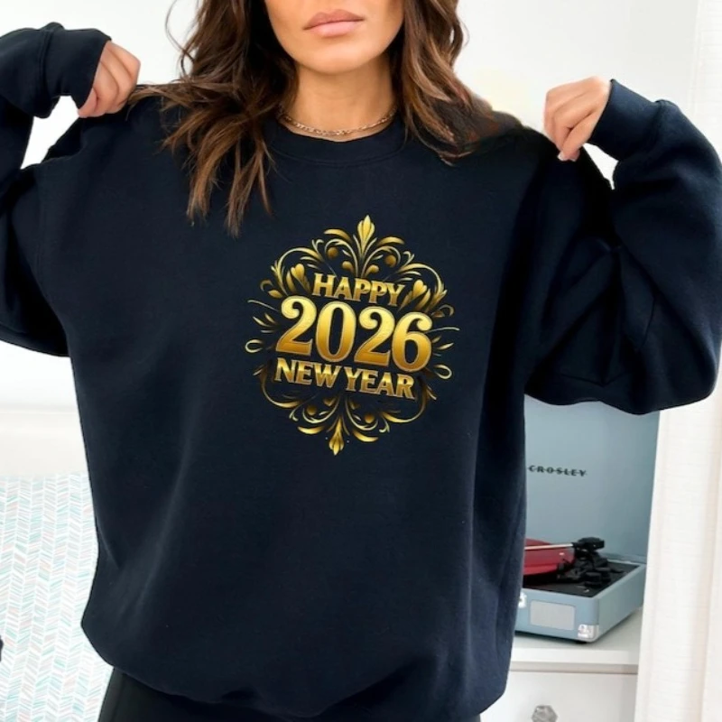 

Элегантный золотой новогодний свитшот Happy 2026: праздничный свитер, праздничная толстовка с длинными рукавами, зимняя термотолстовка с капюшоном, топы