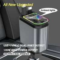 NEW 120W 4 IN 1 Retractable Car Charger USB Type C Cable For iPhone Samsung Super Fast Charging Cord Cigarette Lighter Adapter