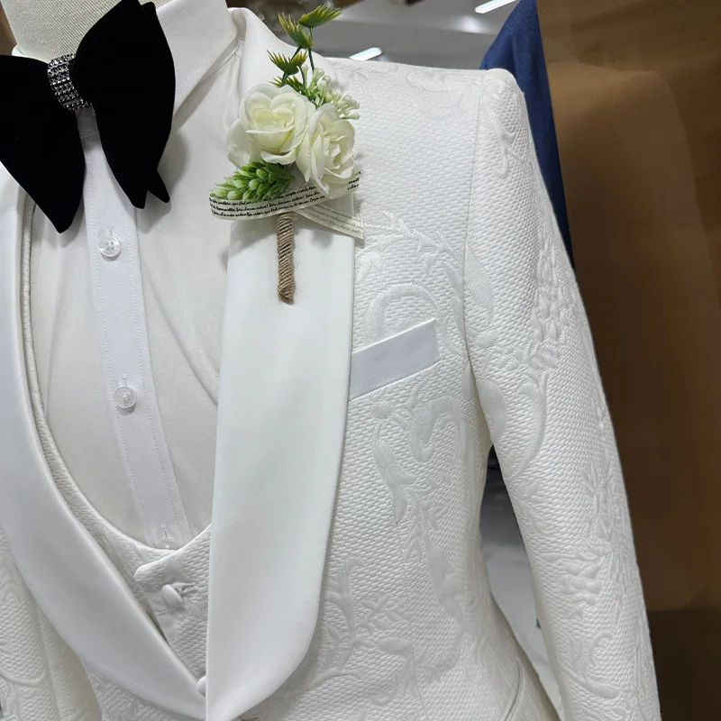 Men Wedding Suit White 3 Piece Set Jacquard Jacket Vest Black Pants Custom Slim Fit Casual Host Party Formal Wear