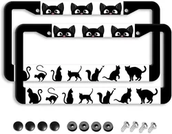 Black Cat License Plate Frame 2 Pack Aluminum License Plates Halloween License Plate Holder Novelty Auto Car Tag Car Accessories