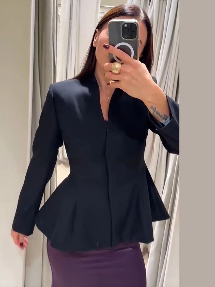 Elegant Chic Black Peplum Blazer Trend Long Sleeve Slim Fit Office Formal Suit Jacket Female Autumn Casual Commute Outerwear