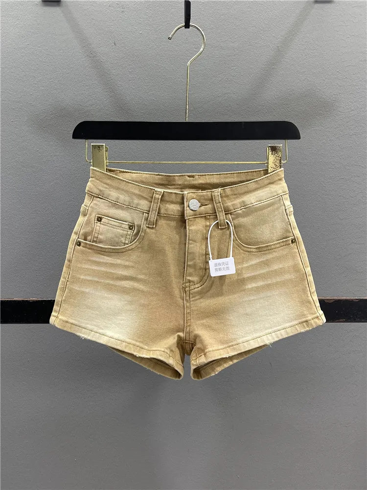 

Retro American Khaki Denim Shorts Women's Summer 2026 New Elastic Slim Fit Hipster Ultra-Short Hot Pants Casual Cotton Stretc...