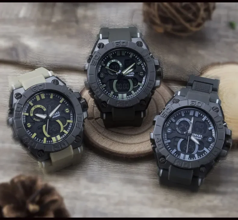 SMAEL-Montre de sport analogique numérique PU pour homme, marque de luxe, bracelet de montre militaire de l'armée, horloge à quartz