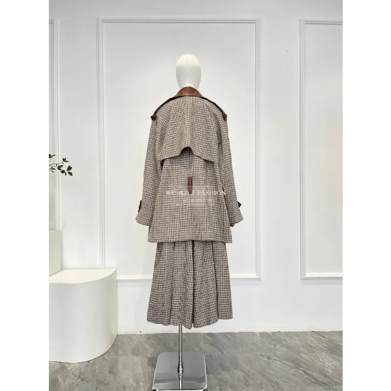 

Jacket Tops and Pants Set 2025 High Quality Light Brown Plaid Tweed Leather Patchwork Long Sleeve for Women