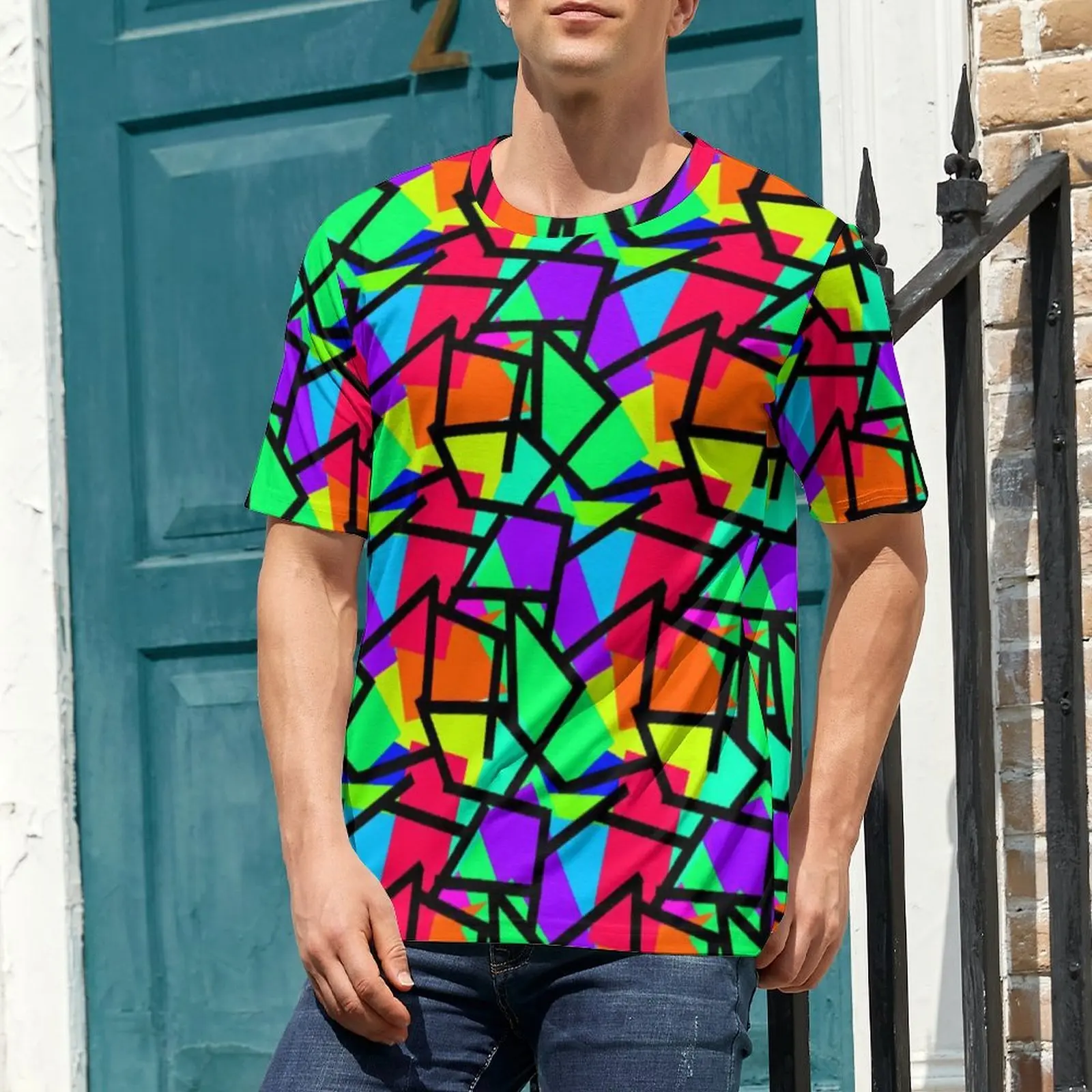 Geometric 80S T Shirt Vibrant Retro Style Graffiti Trending T Shirts Men Casual Tshirt Short Sleeve Graphic Tees Plus Size
