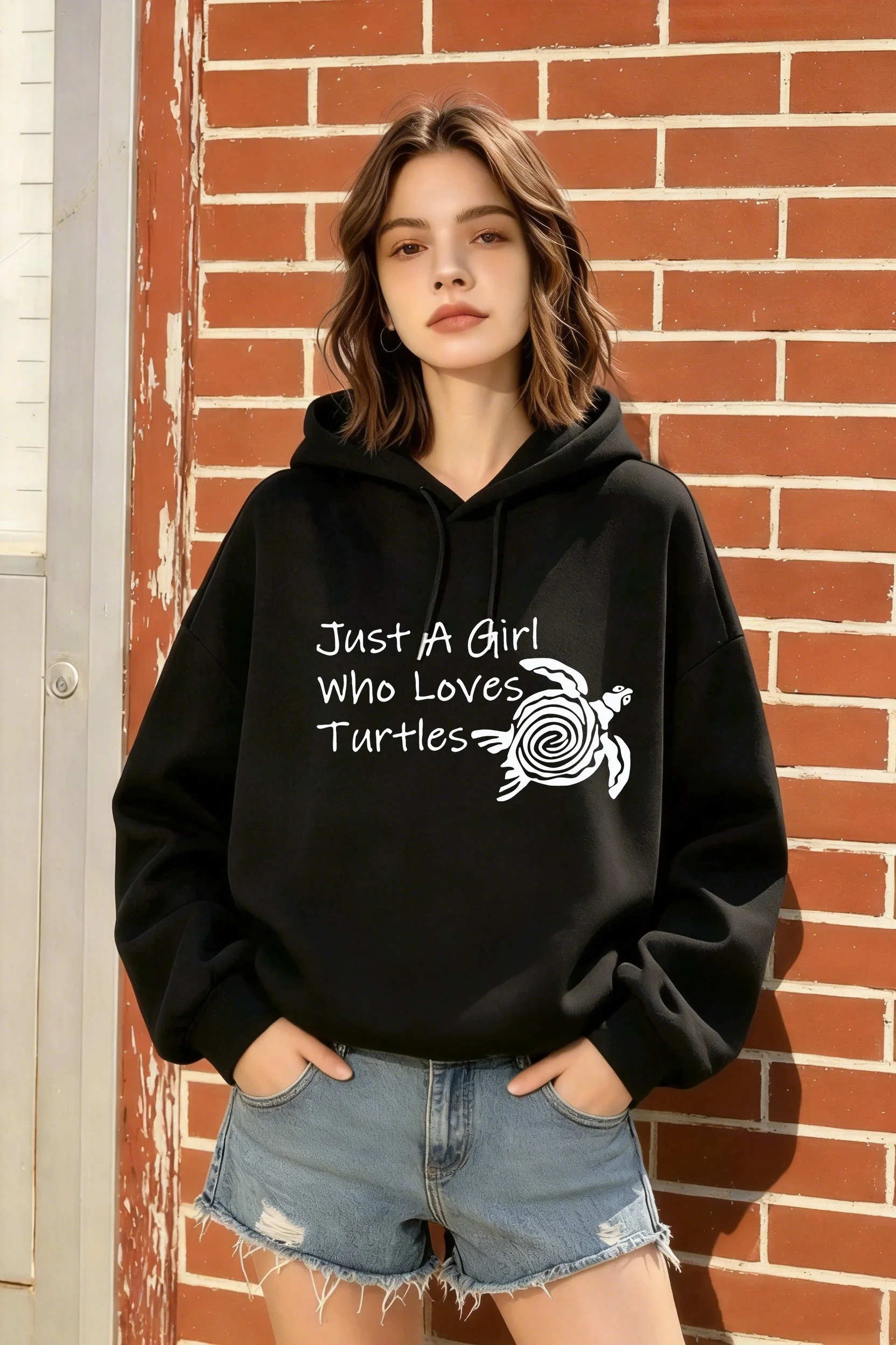 

Women's Black Oversized Hoodie, "Just A Girl Who Loves Turtles" Print, Casual Pullover Sweatshirt