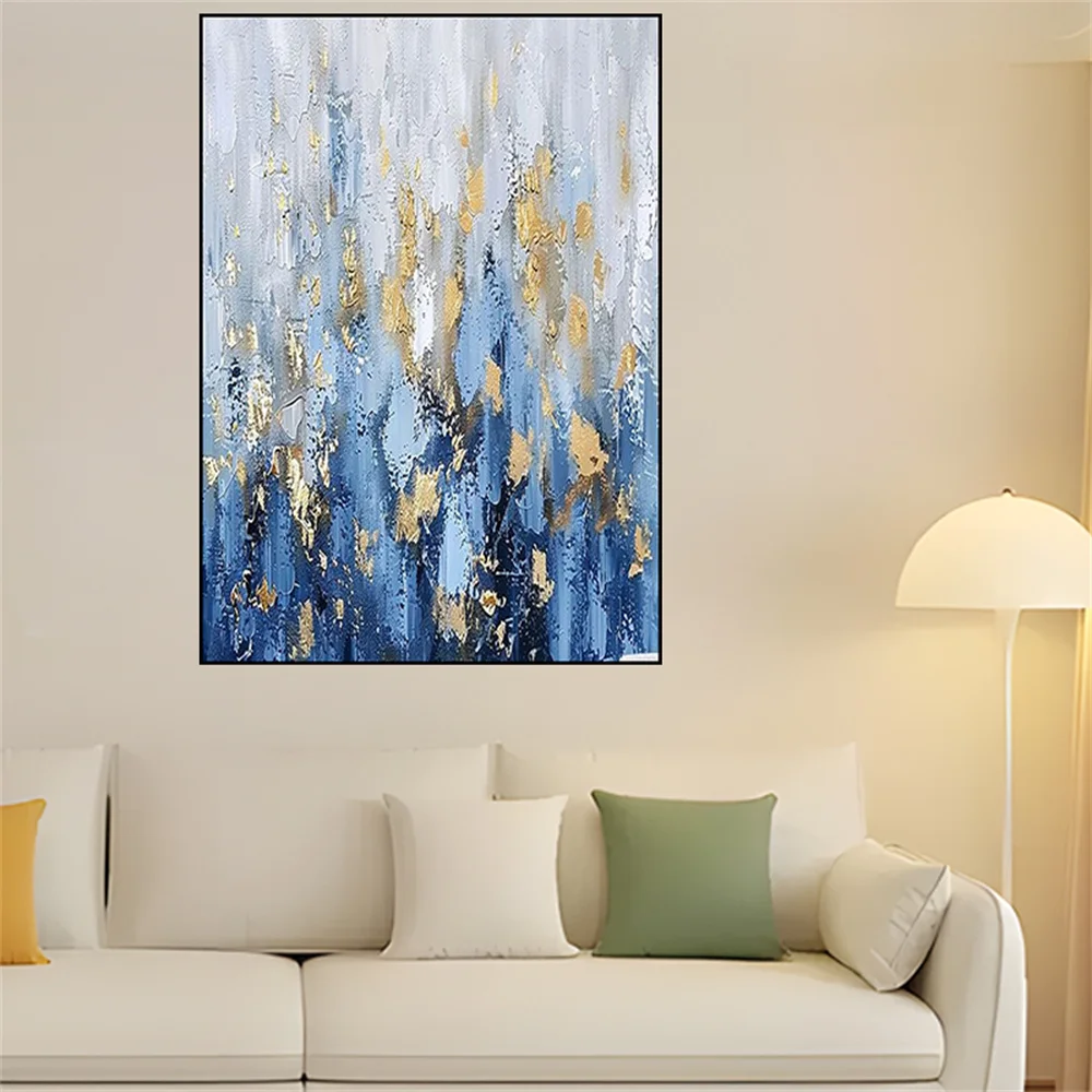 

100% Hand-Painted Modern Sky Blue Oil Painting Large Knife Texture Mural Canvas Poster Decor Living Room Home Wall Art Picture