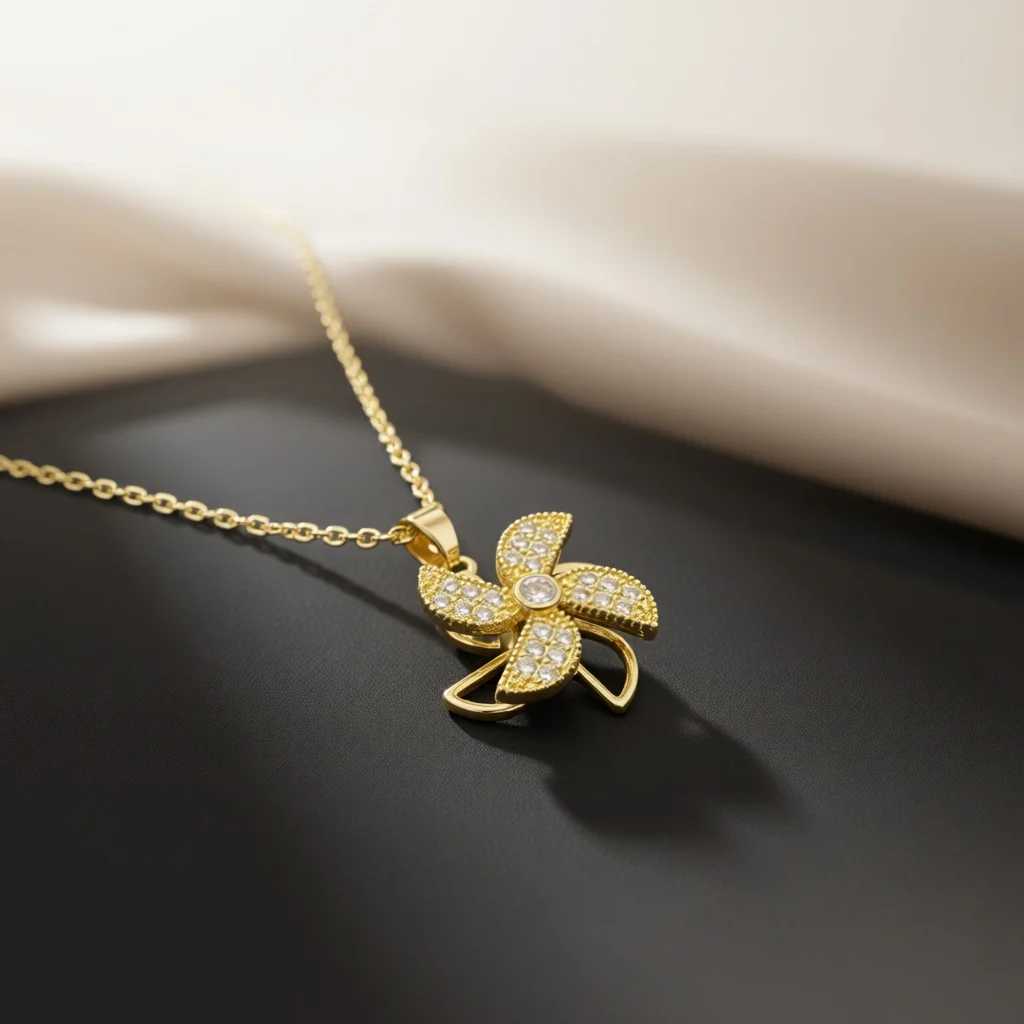 Rotatable Windmill Pendant Necklace Full Paved Zircon Hollow Fan‑Shaped Petals Dainty Stylish Women Fashion Jewelry Accessory
