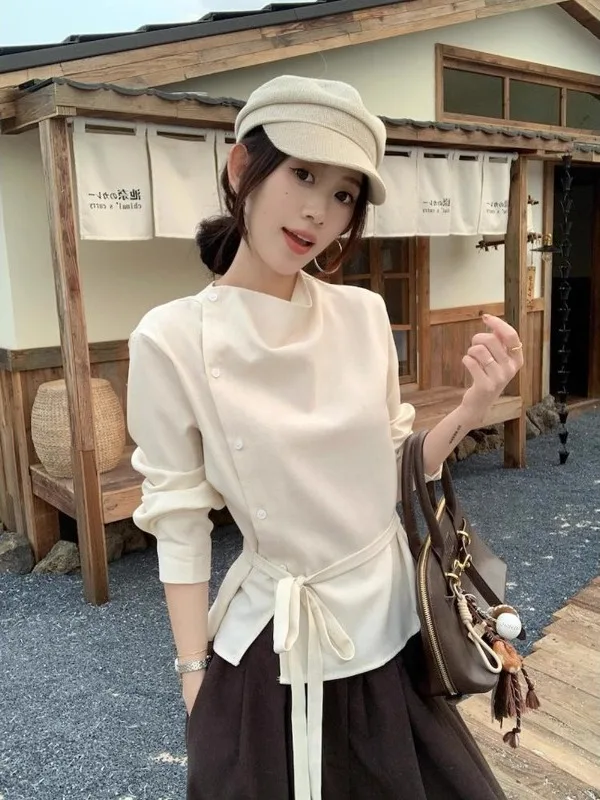 

Женская модная асимметричная блузка больших размеров с длинным рукавом, корейский стиль, из дышащего полиэстера, с новым дизайном, стройнящая фигуру