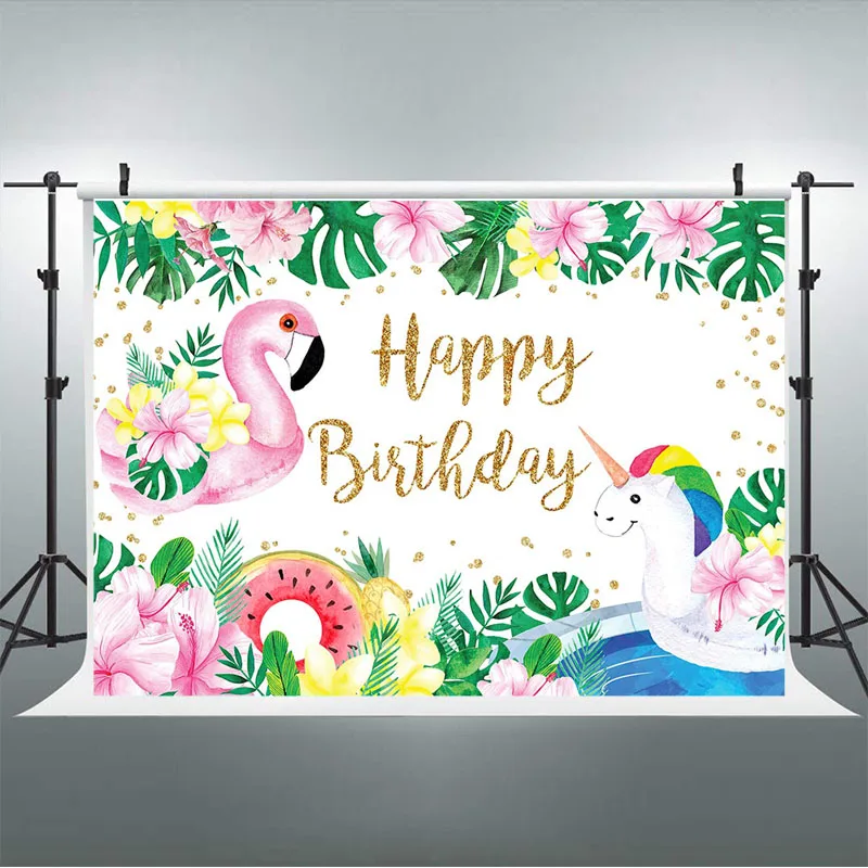 Flamingo Geburtstag Fotografie Kulissen Tropical Green Leaf Blumen Foto Hintergrund Kuchen Tisch Decor Banner Foto Requisiten Studio