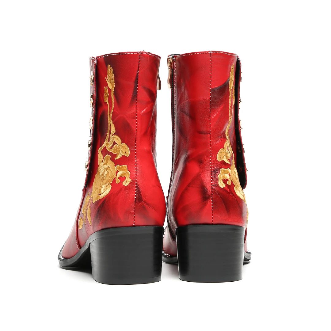 Herbst-Winter-Neue rote bestickte Stiefeletten für Herren, coole Metallkappe mit Nieten, Retro-Muster, seitlicher Reißverschluss, klobiger Absatz, modisch – Detail 8