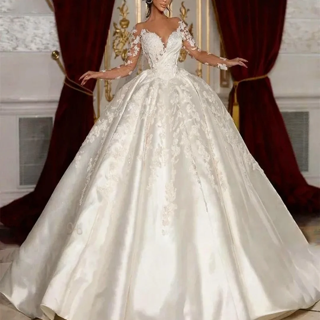 

Customized Long Sleeves Wedding Dress Embroidery Lace Princess Ball Gown O-Neck Formal Bride Porm Party Gowns