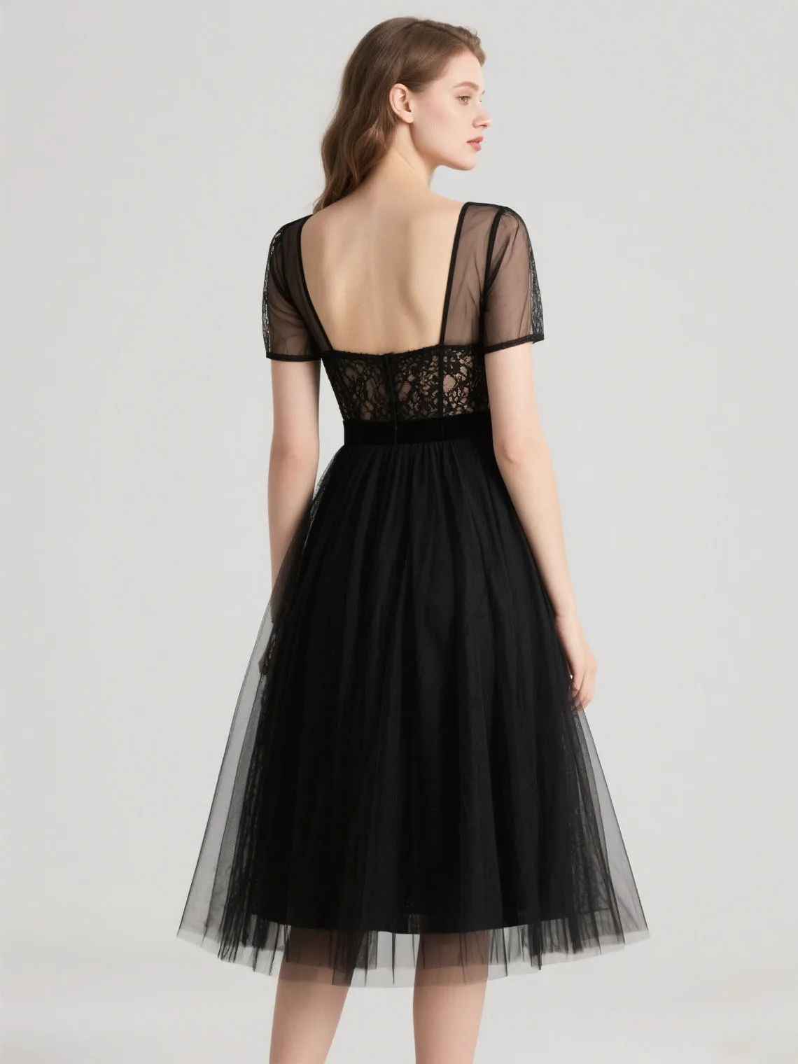 

Elegant A-line Evening Dress Knee Length Scoop Neck Short Sleeve Lace Tulle Ruffles Wedding Guest Dress 2025 free customized