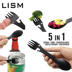 5 In 1 Camping Tableware Multi Tool Portable Stainless Steel Spoon Fork Bottle Can Opener Sawtooth Knife Outdoor Eating Utensil