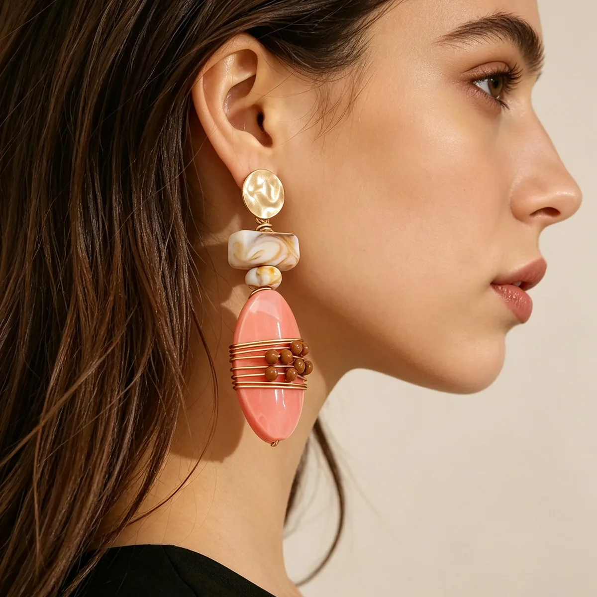 Vintage Maillard style geometric earrings light luxury niche beaded hand wound earrings
