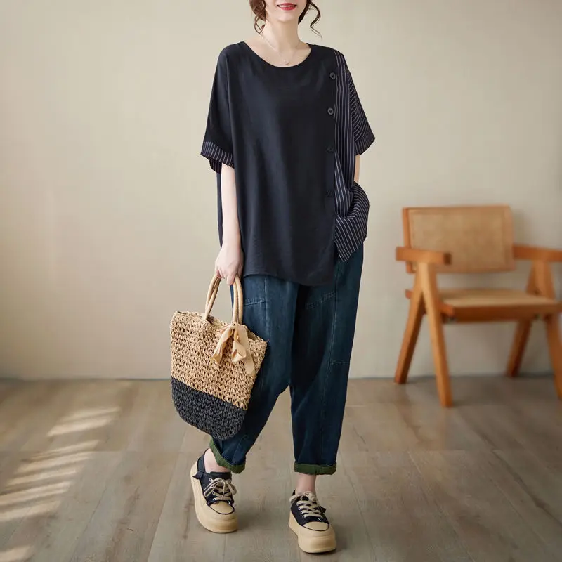 Women Summer Simplicity Loose Large Size Cotton and Linen Striped O-neck Short Sleeve T-Shirt Women Clothes Casual Trend Tops