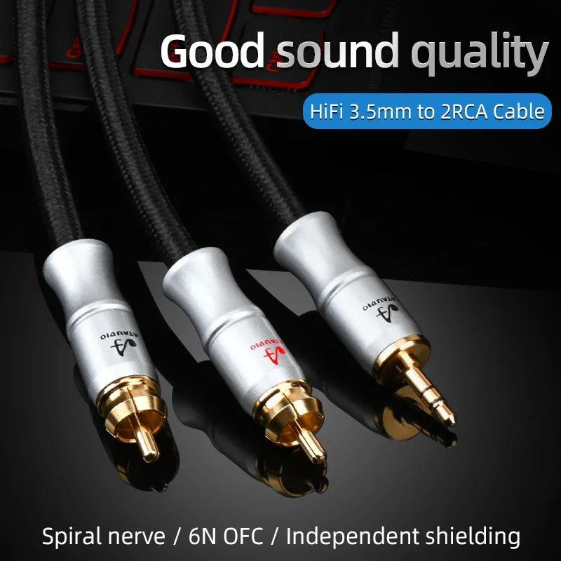 HiFi 3.5mm to 2RCA Cable 6N OFC Spiral Nerve Independent Shielding Stereo 3.5mm Jack to 2RCA Male for Amplifier TV