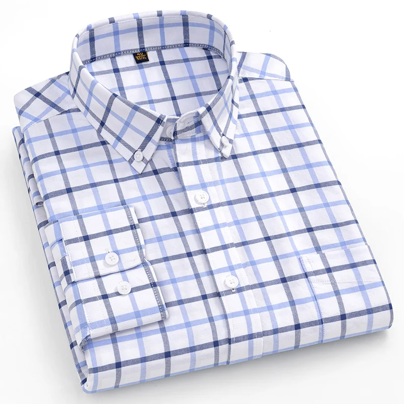 8XL 100% Cotton Oxford Striped Plaid Longsleeve Shirt for Men Dress Shirts High Quality Pure Color Business Button Up Shirt
