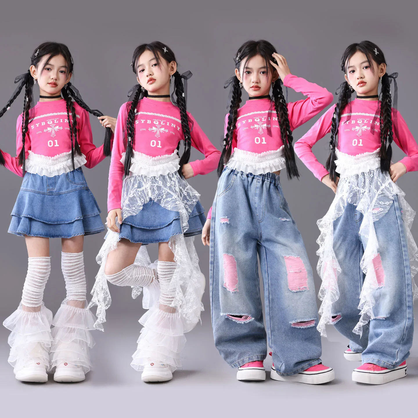 

2025 Children Hip Hop Dance Costumes For Girls Pink Crop Tops Loose Pants Streetwear Kids Jazz Performance Rave Clothes DQS21454