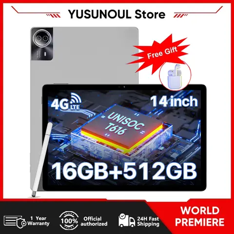 Yusunoul 안드로이드 14 태블릿, 14 인치, 2.5K, 60Hz, 하이 리프레시, 16GB + 512GB, UNISOC T616, 12900mAh 배터리, 20MP + 32MP 카메라, 4G 탭, GT140