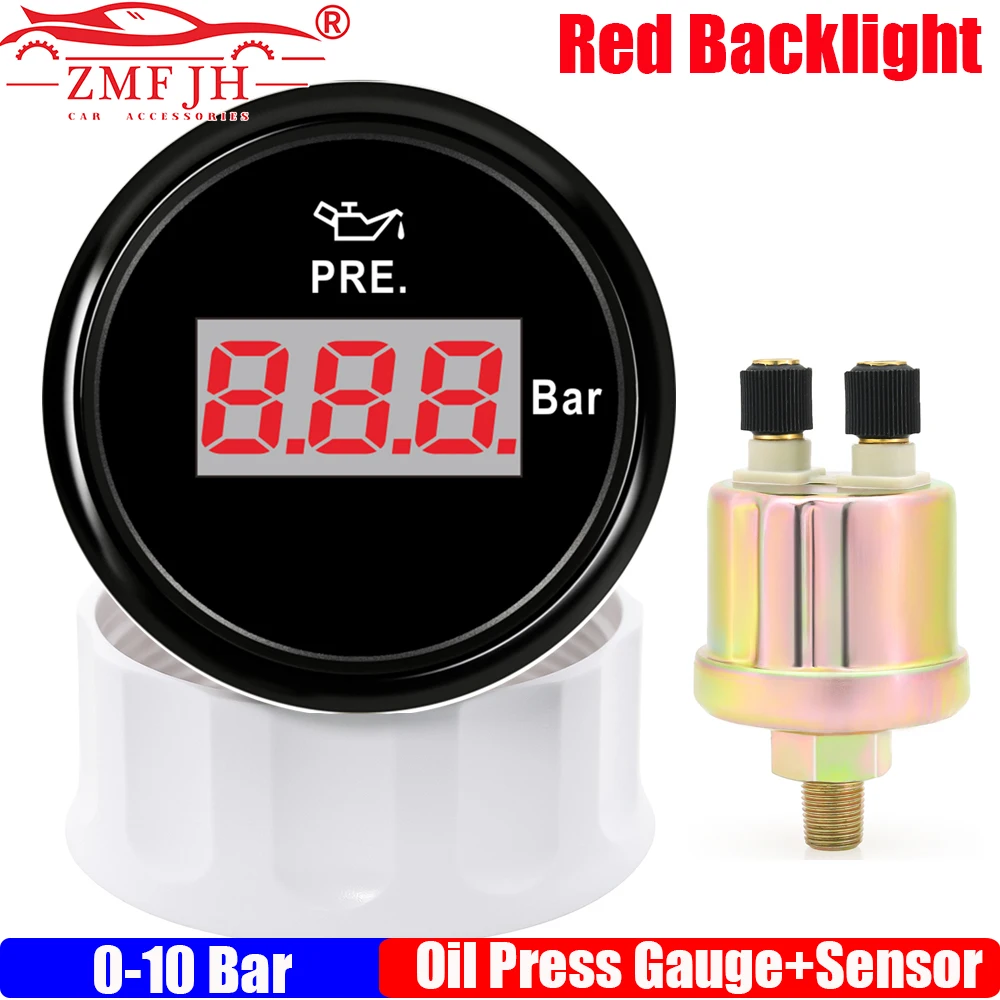 

ZMFJH Digital 0-5Bar,0-10Bar Oil Pressure Gauge with Sensor 1/8NPT Red Backlight 52MM Oil Press Meter Indicator Auto Car Boat
