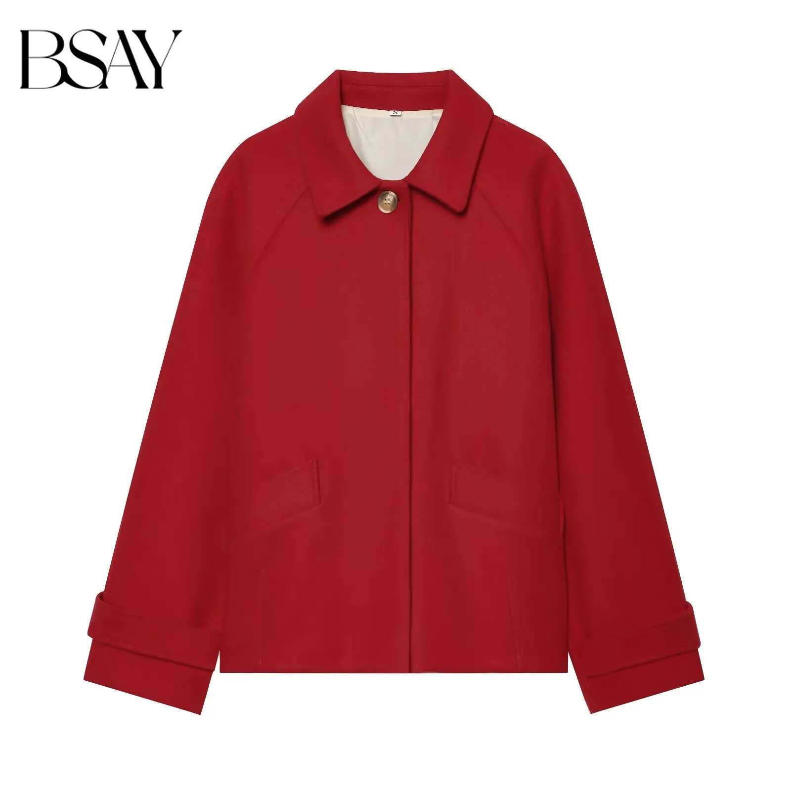 BSAY 2026 Herbst Damen Vielseitiger Einfarbiger Kurzmantel mit Revers, Ein-Knopf-Verschluss, Langen Ärmeln und Taschen, Locker Geschnittene Freizeitjacke