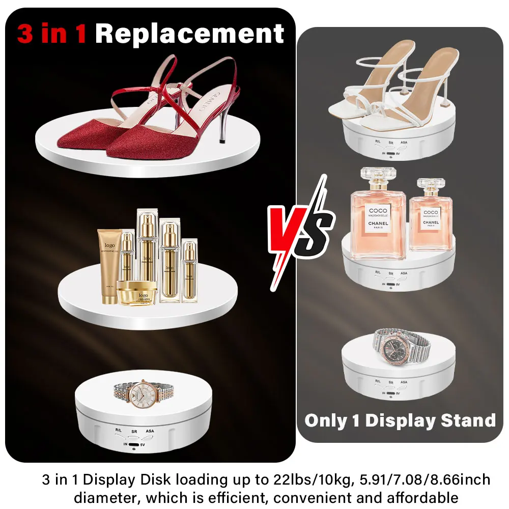 

Video shooting props, jewelry, shoes, electric rotary vision device, three adjustable USB charging display stands,360° turntable